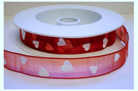 Rood organza lint met witte hartjes